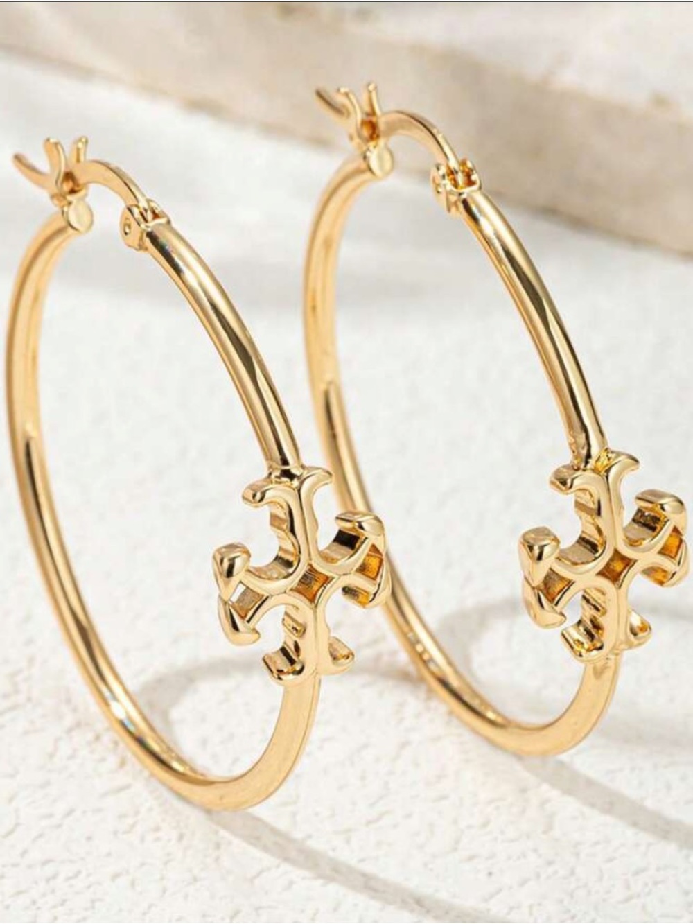 Gold Hoop Earrings with Decorative Cross Charm - Women Jewelry